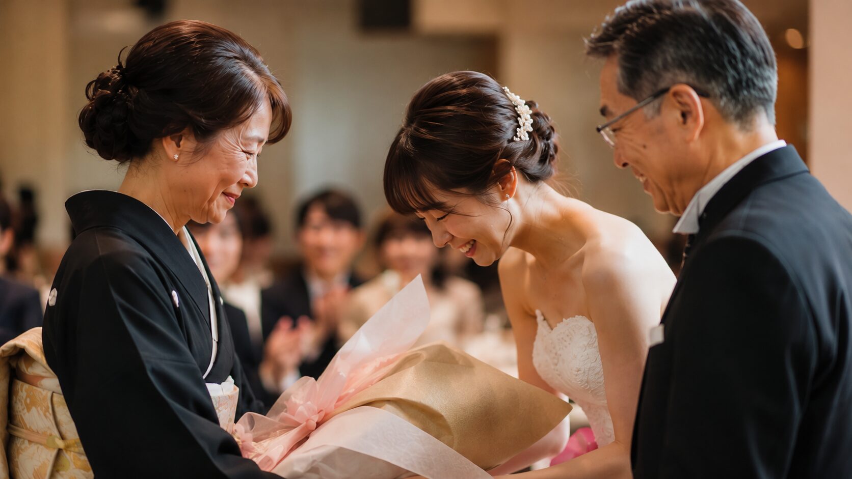 結婚披露宴で、新婦様がお母様へ花束を手渡している様子です。お母様は感動しています、お父様は笑顔で見守っています。家族への感謝が伝わる、両親贈呈の場面