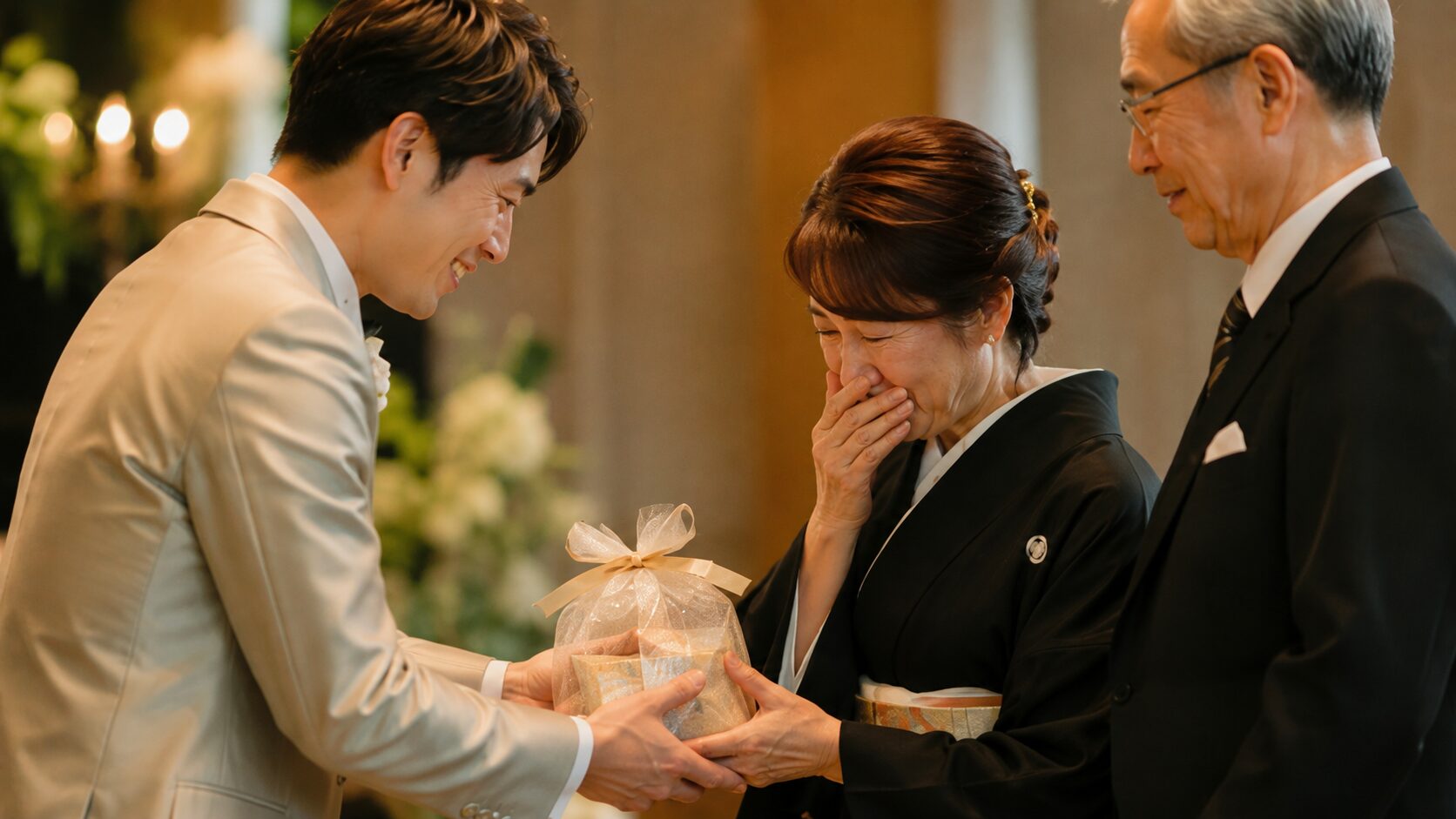 結婚披露宴で、新郎様がお母様へ記念品を手渡している様子です。お母様は感動しています、お父様は笑顔で見守っています。家族への感謝が伝わる、両親贈呈の場面