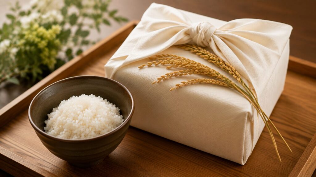 結婚式で両親へ贈る風呂敷包みの体重米と白米のプレゼント