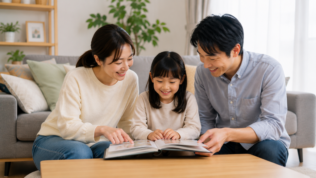 結婚式や婚礼写真を家族でアルバムを見ながら振り返る家族
