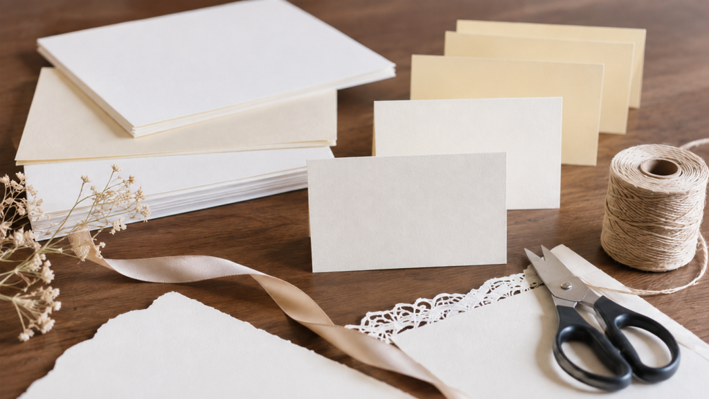 結婚式の手作り席札に使う厚紙やリボン、はさみなどの材料を並べた準備風景