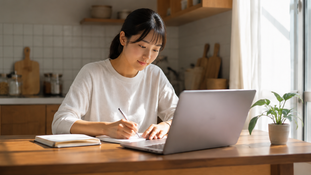 結婚式の席札メッセージをパソコンとノートで下書きする女性