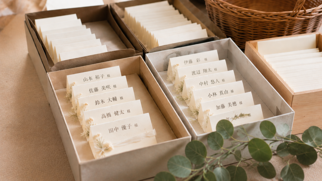 ゲストの名前を印刷した結婚式の席札を卓ごとに箱へ仕分けして保管している様子