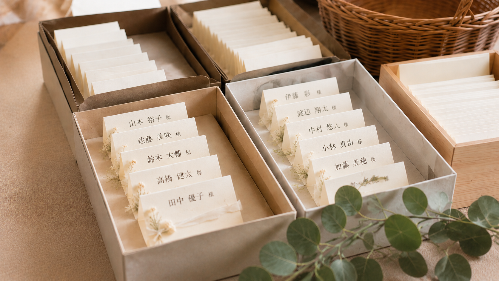 ゲストの名前を印刷した結婚式の席札を卓ごとに箱へ仕分けして保管している様子