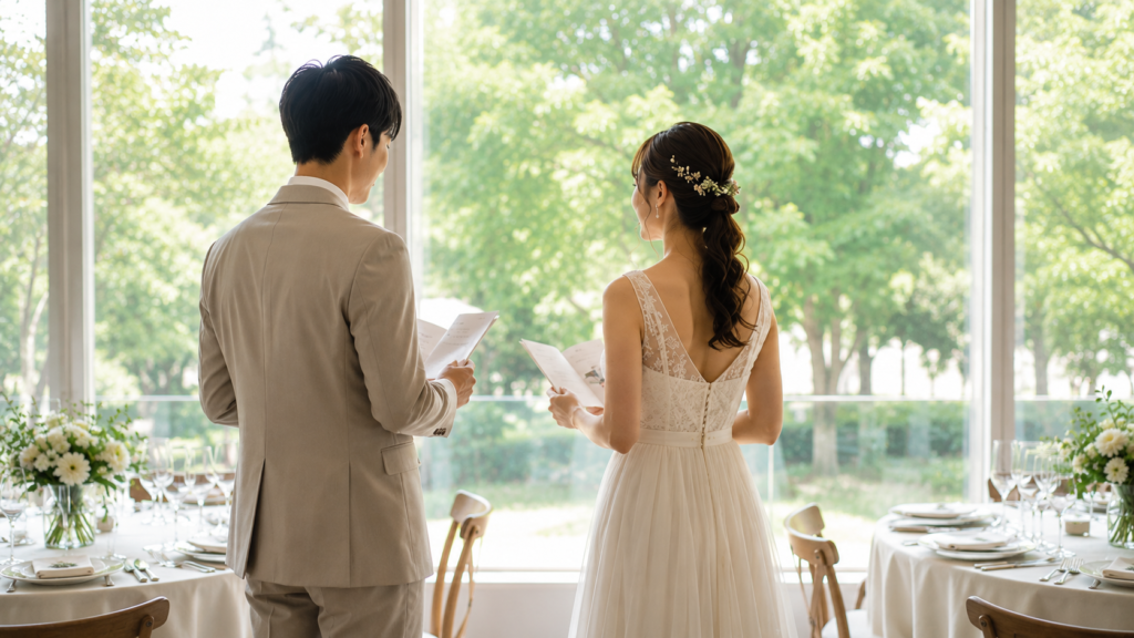 披露宴会場でプロフィールブックと席配置を確認する日本人の新郎新婦