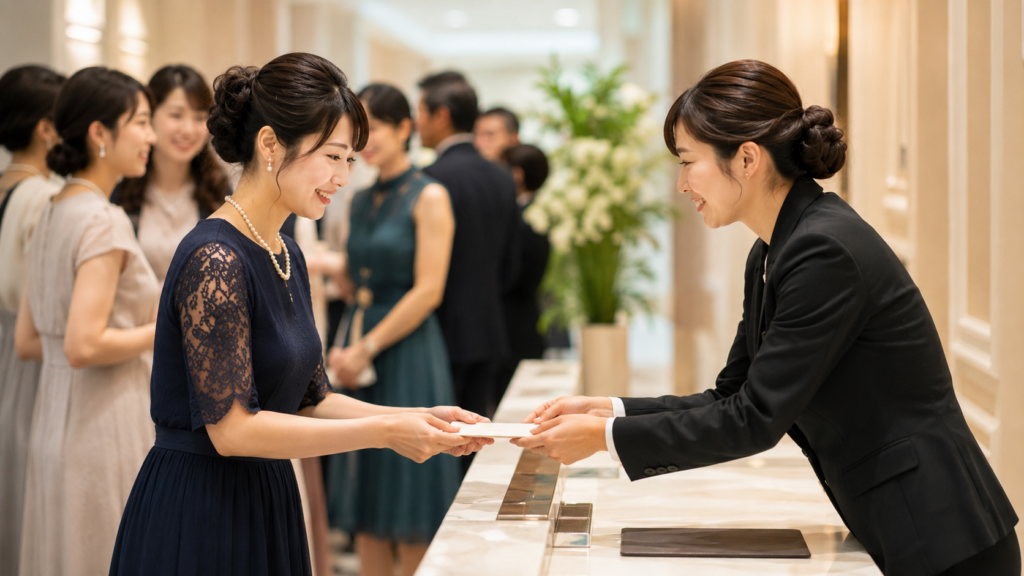 結婚式の受付で女性ゲストが受付担当者にご祝儀を渡している様子