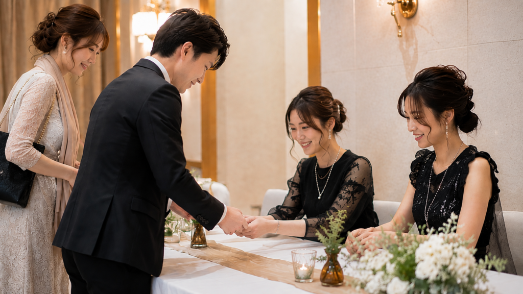 結婚式場で受付係がゲストを案内している様子