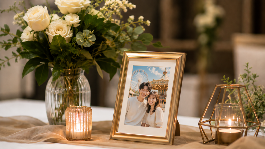 結婚式の受付サインと装花、キャンドルを組み合わせた受付装飾