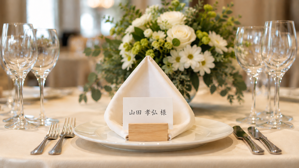 結婚式披露宴のテーブルに置かれた山田孝弘様の席札