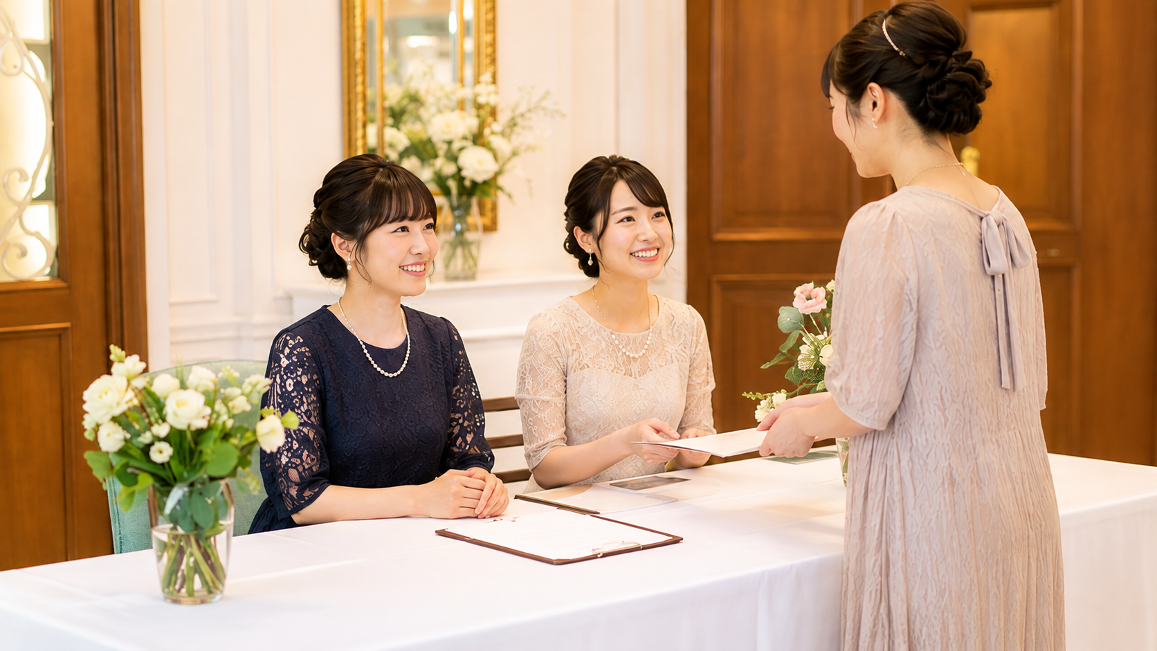 結婚式場の受付で、受付係がゲストを笑顔で迎えながら案内を行っている様子
