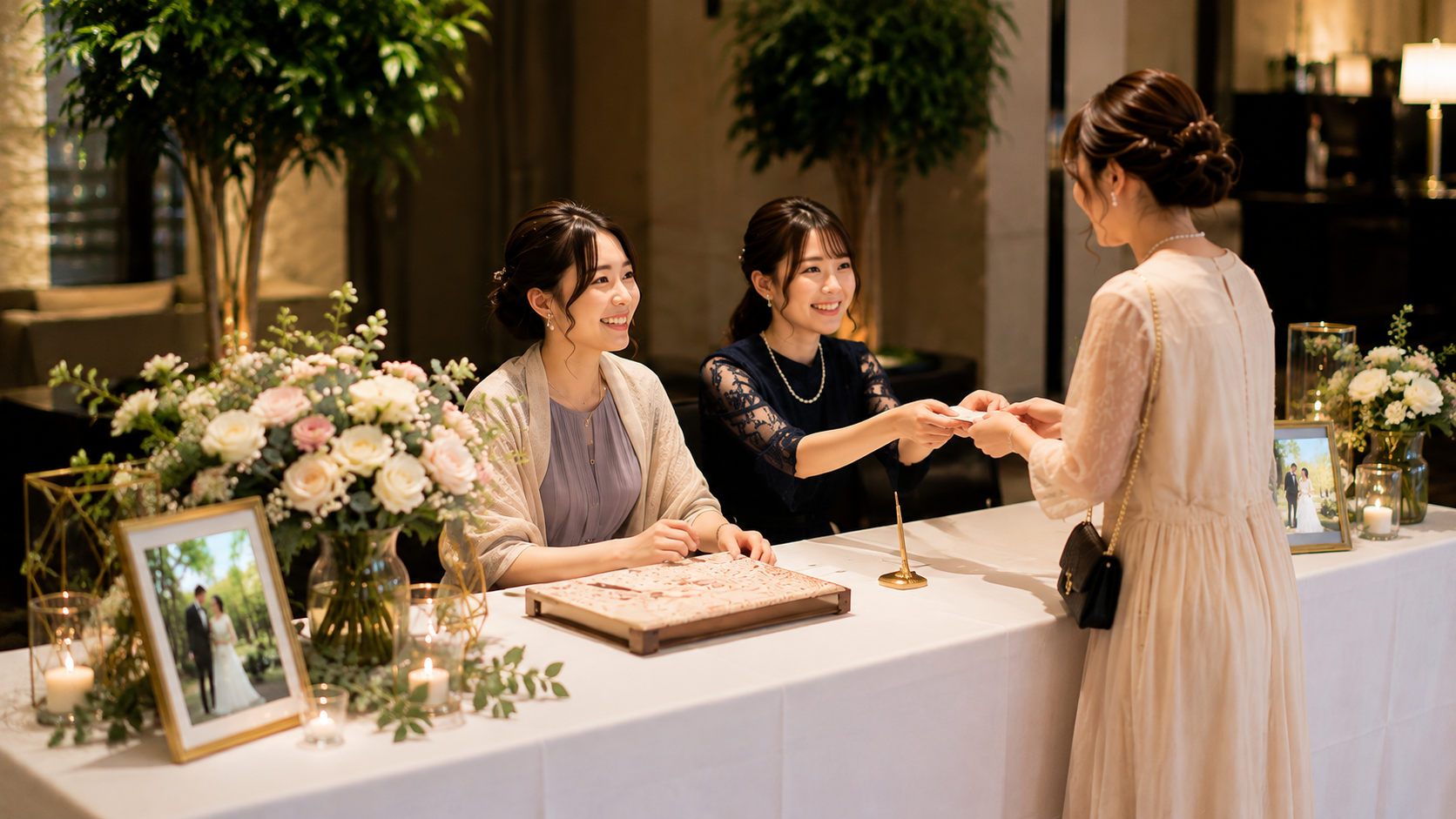 結婚式の受付係が芳名帳を用意して女性ゲストを笑顔で迎える様子
