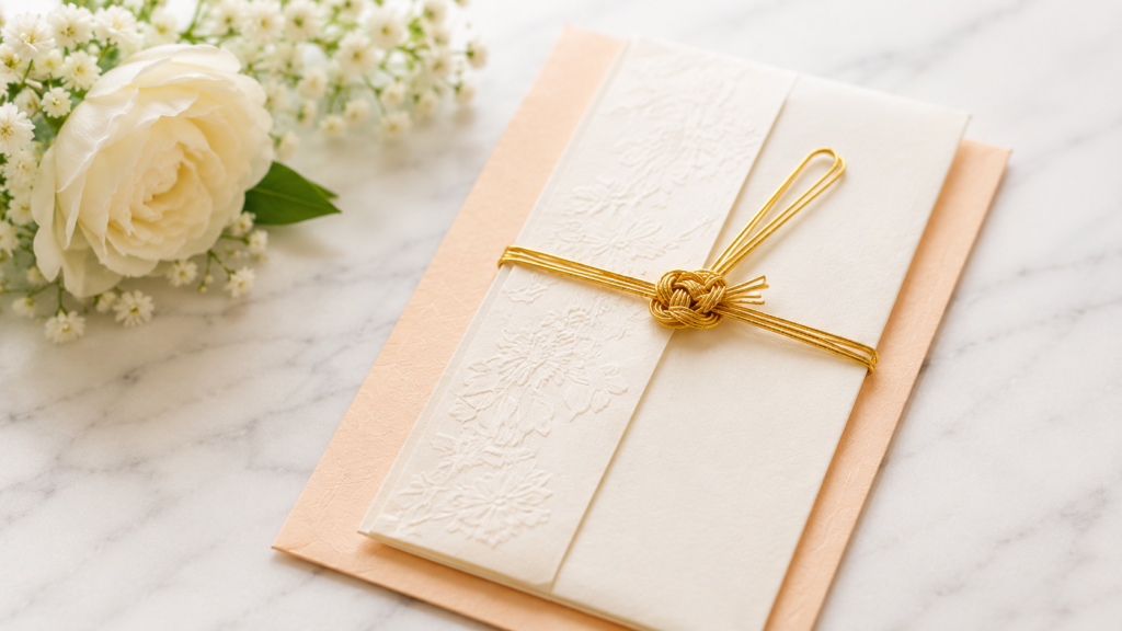 結婚式の受付係へのお礼として使用する上品な御礼袋と水引飾り