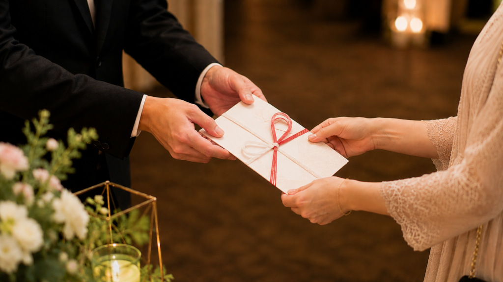 結婚式受付のお礼を紅白の水引付きのし袋に入れて両手で渡す様子