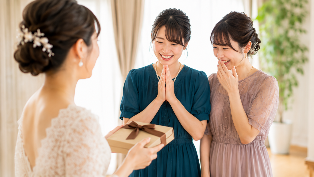 結婚式の受付を担当した友人へ感謝の気持ちを込めてプレゼントを手渡している様子