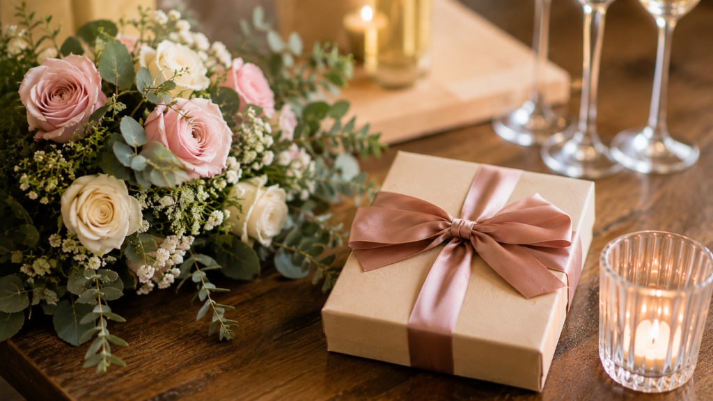 結婚式受付のお礼として用意したリボン付きギフトボックスとバラの花束