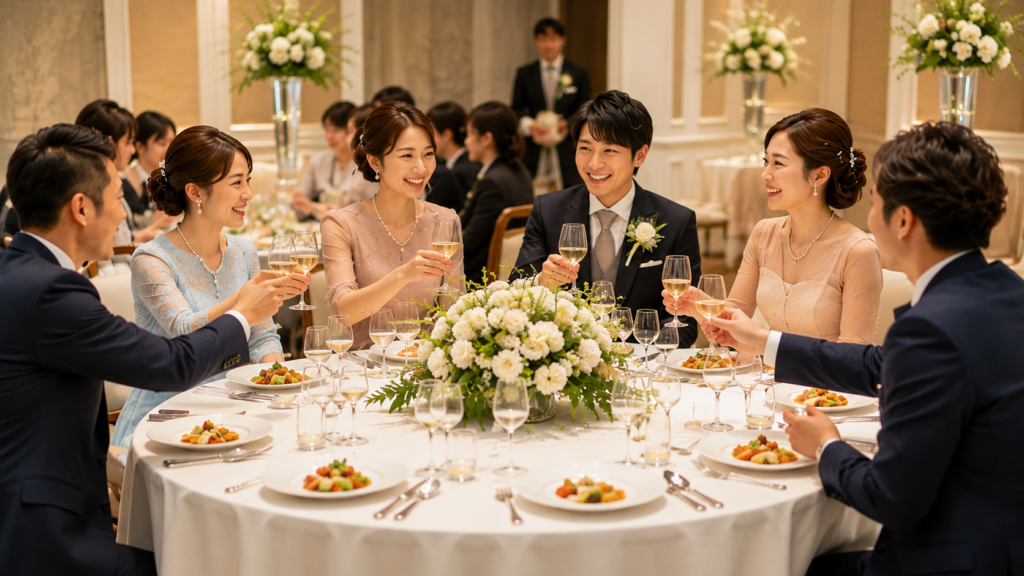 結婚披露宴で料理を囲みながら笑顔で乾杯するゲスト様