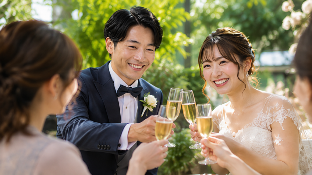 新郎新婦とゲストが笑顔で乾杯する結婚式披露宴の様子