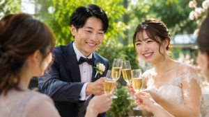 新郎新婦とゲストが笑顔で乾杯する結婚式披露宴の様子