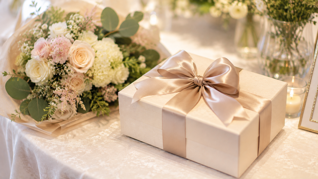 花とリボンで美しく飾られたギフトボックスを撮影した結婚式の記念品