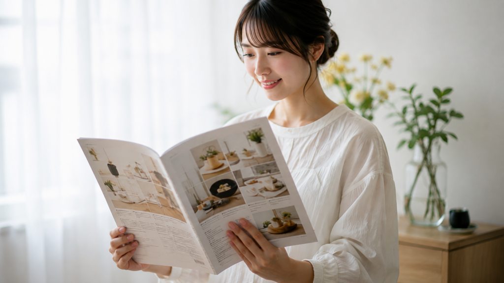 結婚式でもらった冊子型カタログギフトから商品を選ぶ女性